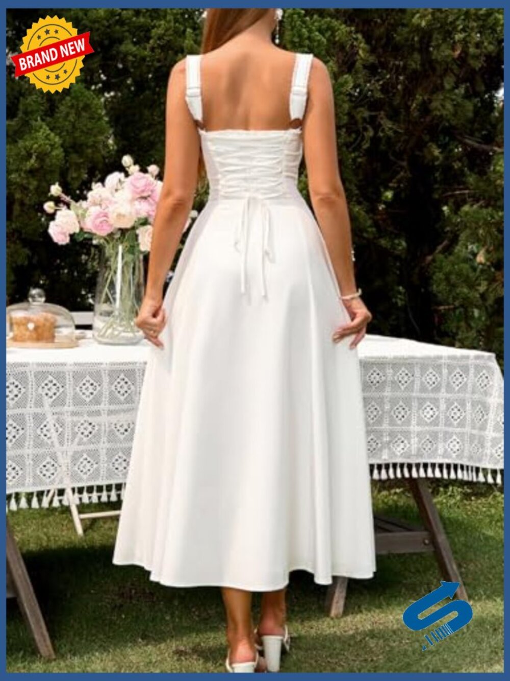 Vintage Corset Midi Dress with Pockets Flowy A-Line Lace Up Back - Picture 3 of 6
